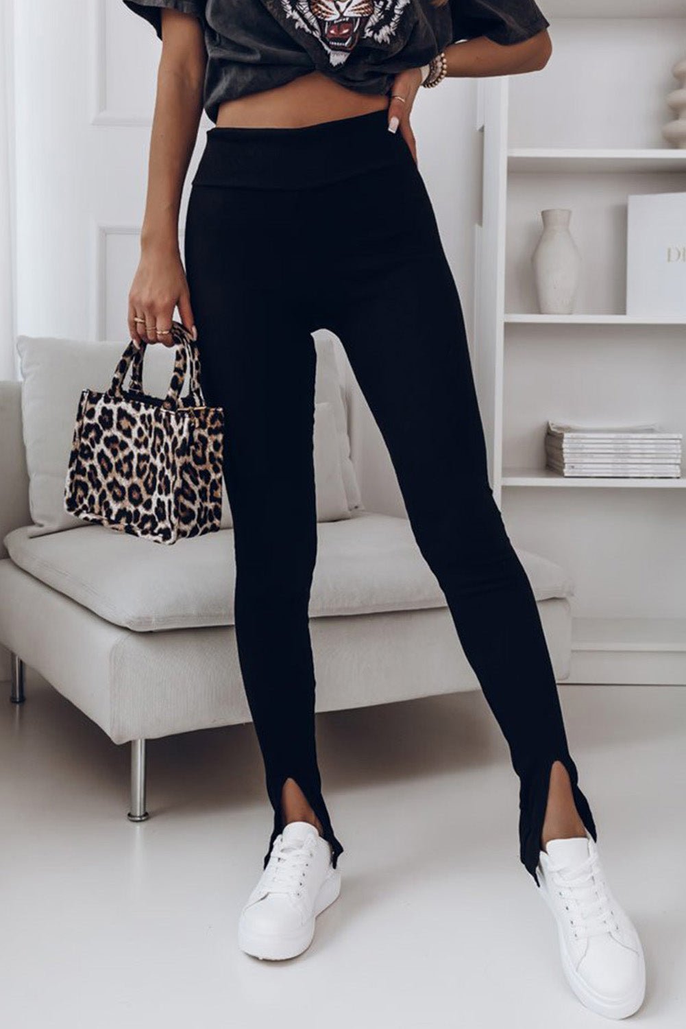 High Waist Ribbed Slit Leggings - Celeste    