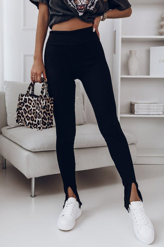 High Waist Ribbed Slit Leggings - Celeste    