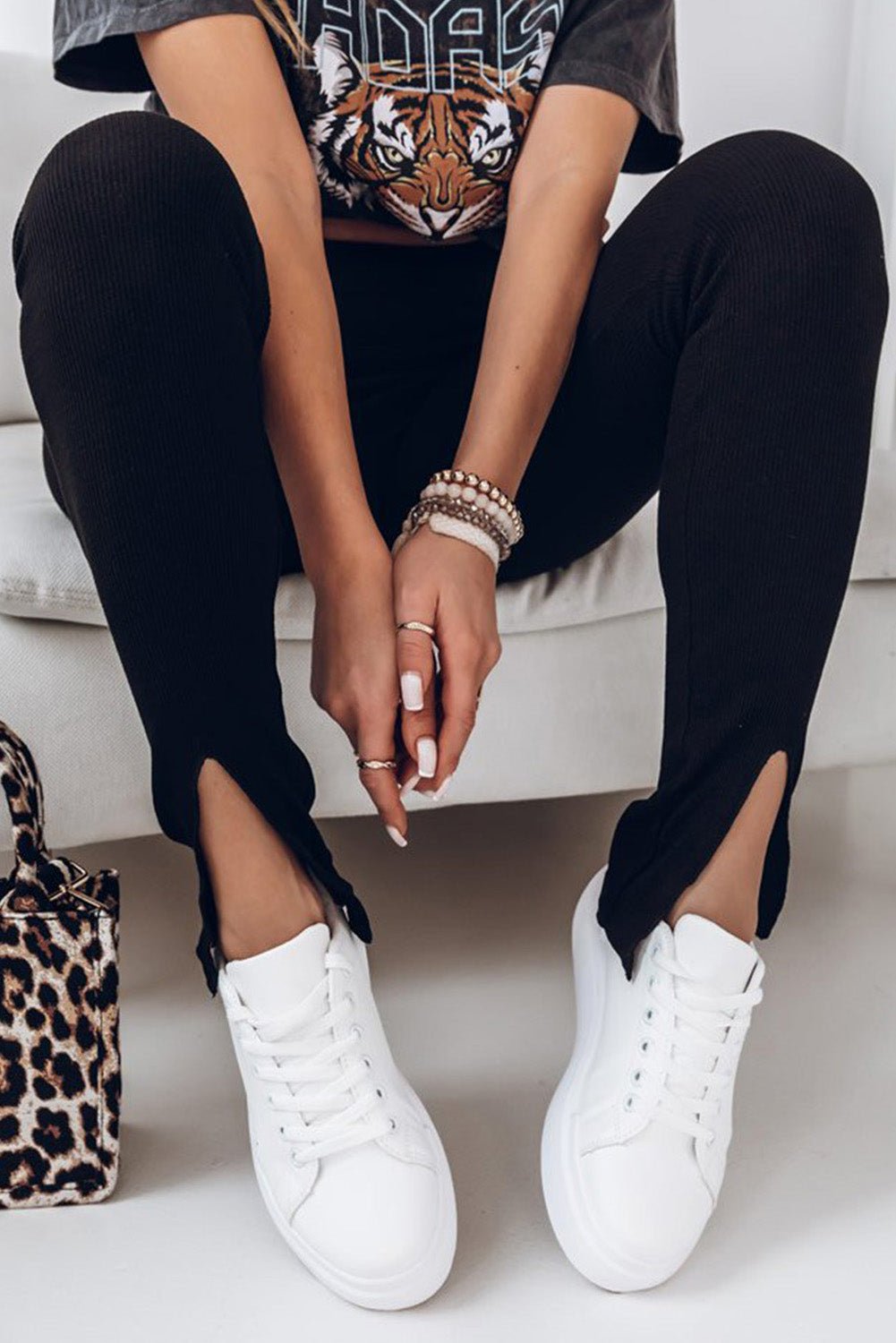 High Waist Ribbed Slit Leggings - Celeste    