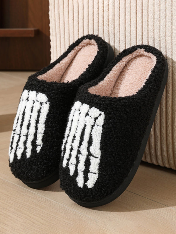 Halloween Love Skeleton Hand Pattern Home Plush Warm Slippers Perfect for Fall and Winter