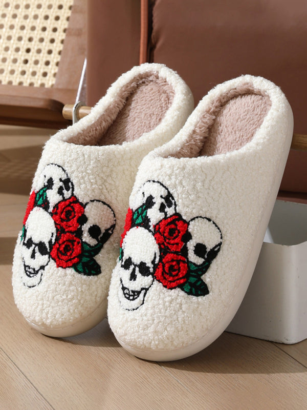 Halloween Love Skeleton Hand Pattern Home Plush Warm Slippers Perfect for Fall and Winter