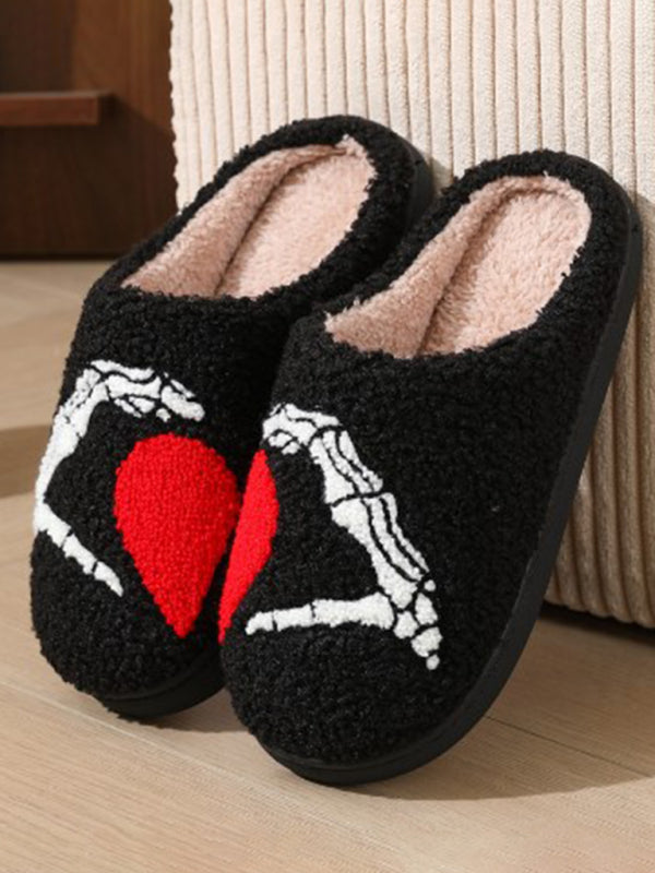 Halloween Love Skeleton Hand Pattern Home Plush Warm Slippers Perfect for Fall and Winter