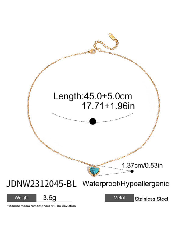 Gold necklace with measurement details on a white background