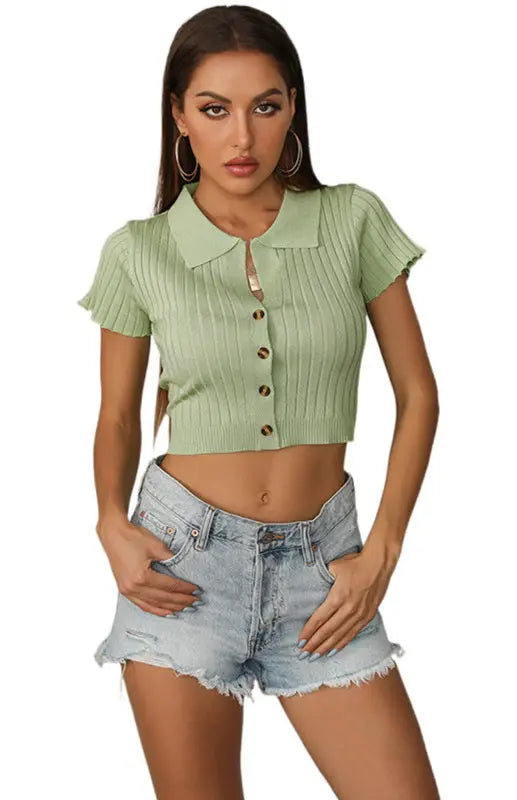 Casual Slim Knit Short Sleeve Top - Celeste    