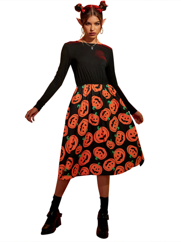 Women's Halloween pumpkin print swing dress