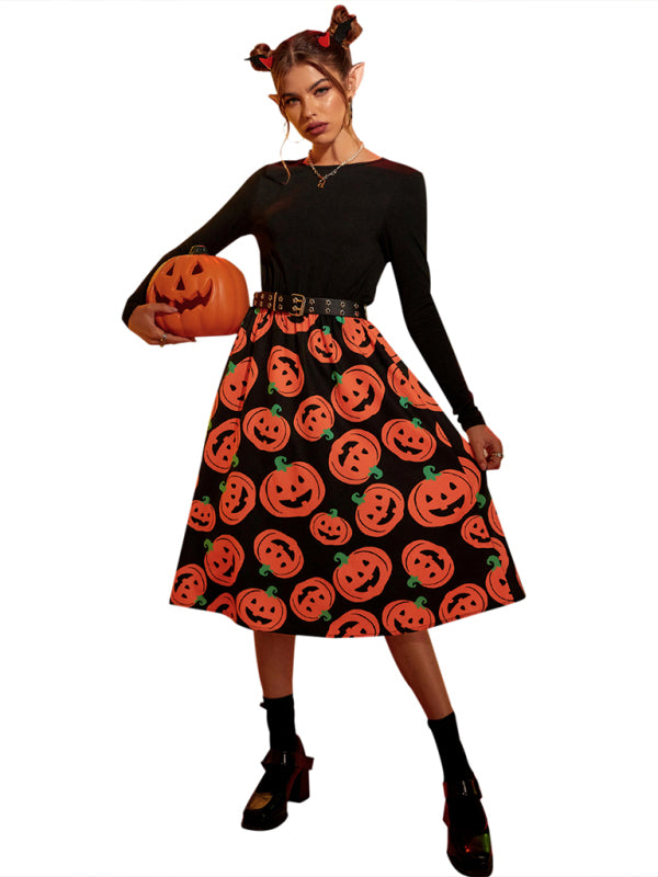 Women's Halloween pumpkin print swing dress