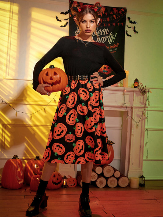 Women's Halloween pumpkin print swing dress