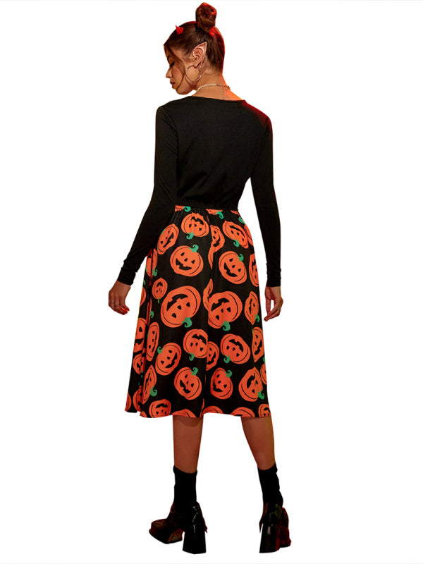 Women's Halloween pumpkin print swing dress