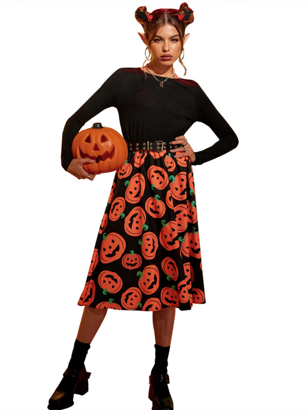 Women's Halloween pumpkin print swing dress