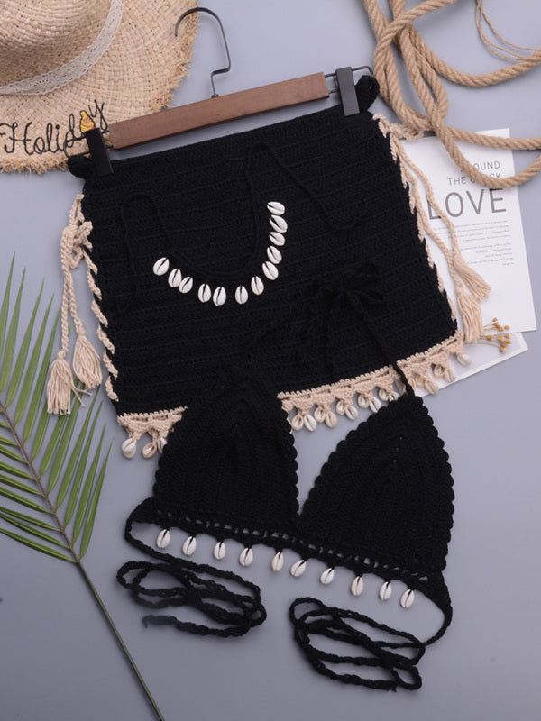 Beach vacation handmade shell solid color strappy split swimsuit suit - Celeste    