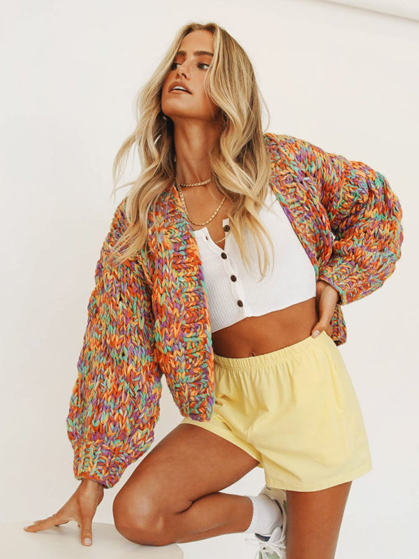 Rainbow Knit Lantern Sleeve Knit Cardigan For Women