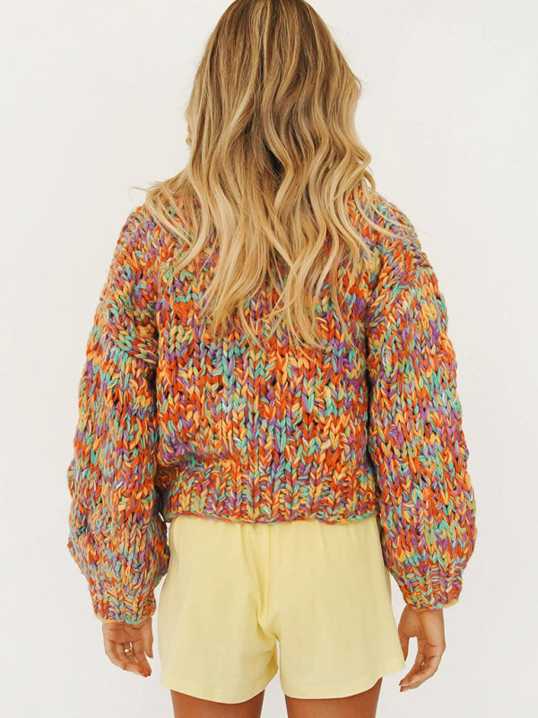 Rainbow Knit Lantern Sleeve Knit Cardigan For Women