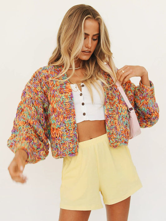 Rainbow Knit Lantern Sleeve Knit Cardigan For Women