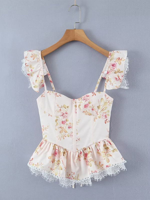 Lace Back Print Blouse