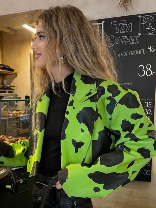 Orange and Black printed long-sleeved short PU leather jacket perfect for winter and fall