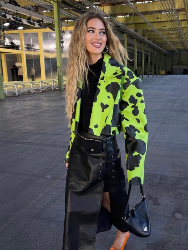 Orange and Black printed long-sleeved short PU leather jacket perfect for winter and fall