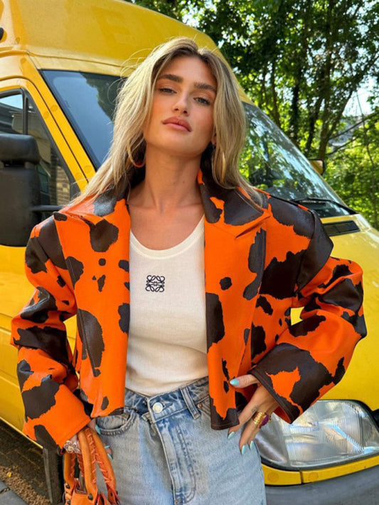 Orange and Black printed long-sleeved short PU leather jacket perfect for winter and fall