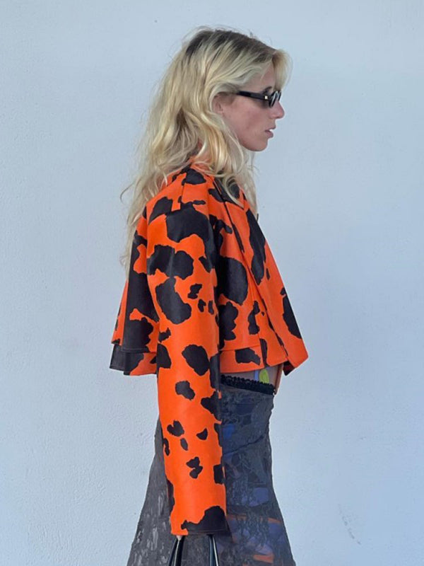 Orange and Black printed long-sleeved short PU leather jacket perfect for winter and fall