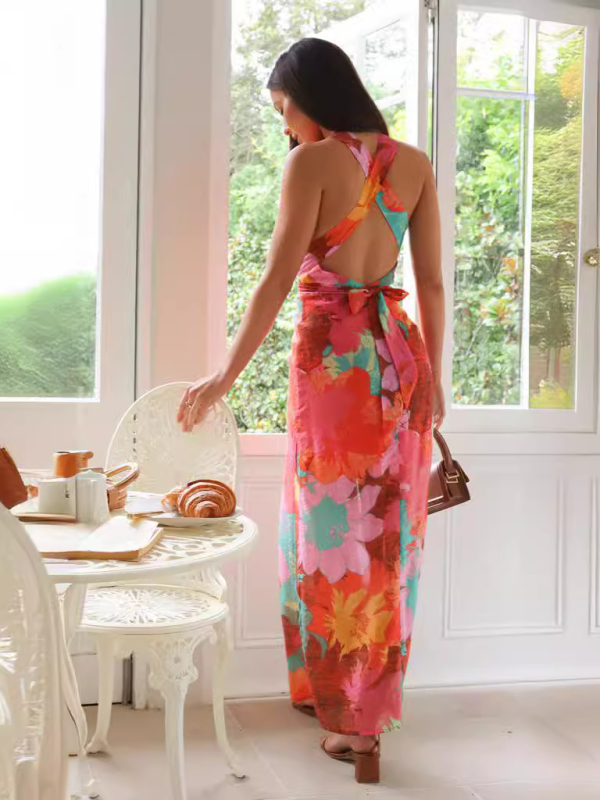 Vacation sexy V-neck printed lace-up floral midi dress