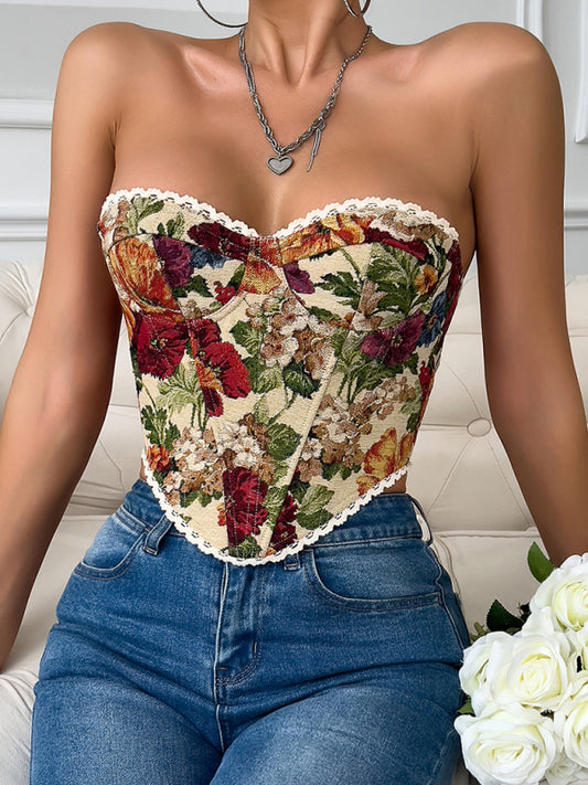 Street retro flower print chest wrap lace corset