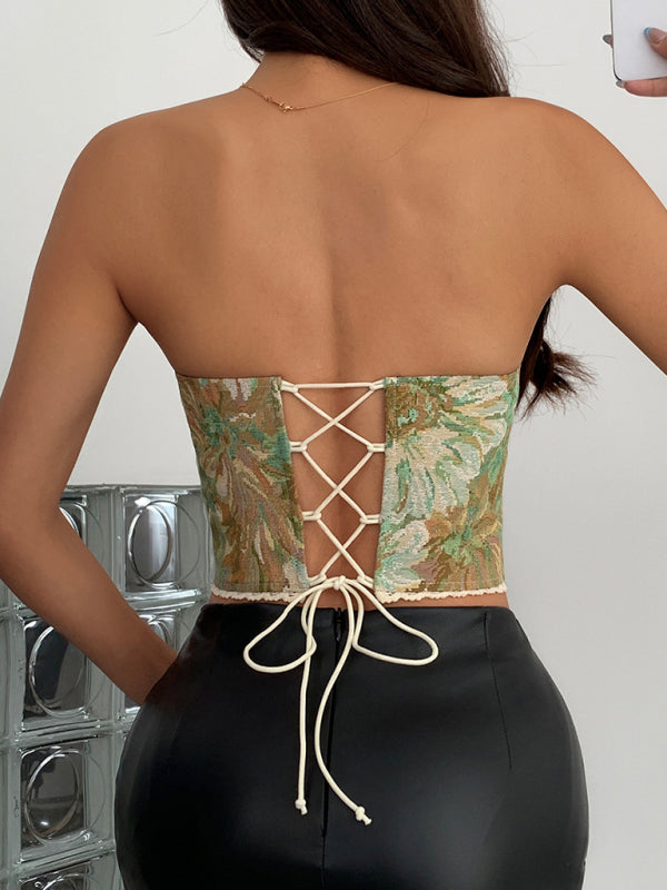 Street retro green flower print lace-up tube top corset