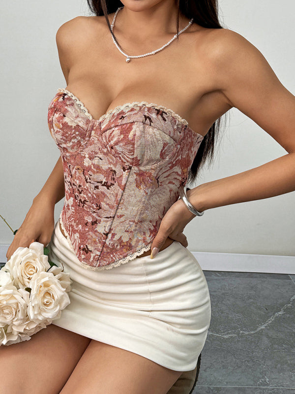 Street retro pink flower print lace-up corset top