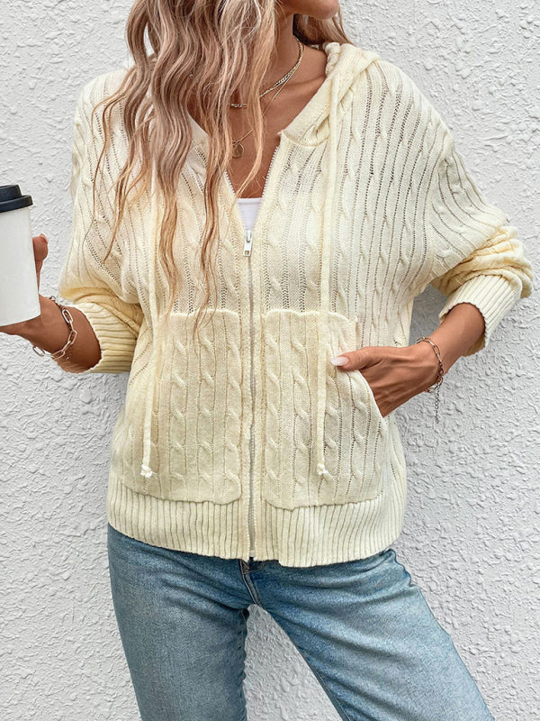 Hooded Cable Knit Solid Color Cardigan Sweater