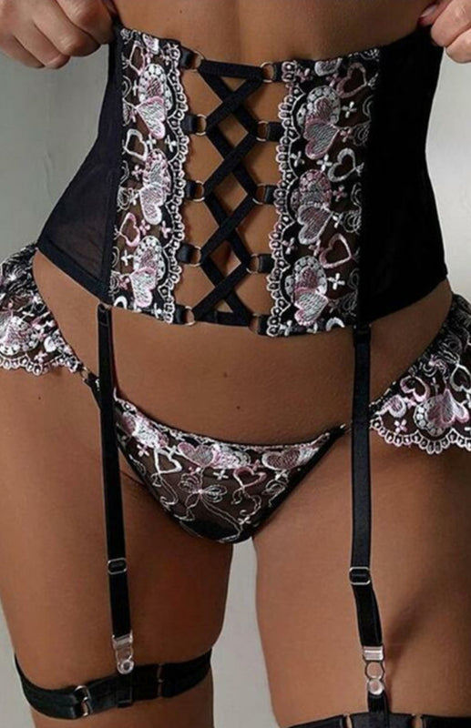 Lace-Up Heart Embroidery Lingerie - Celeste    