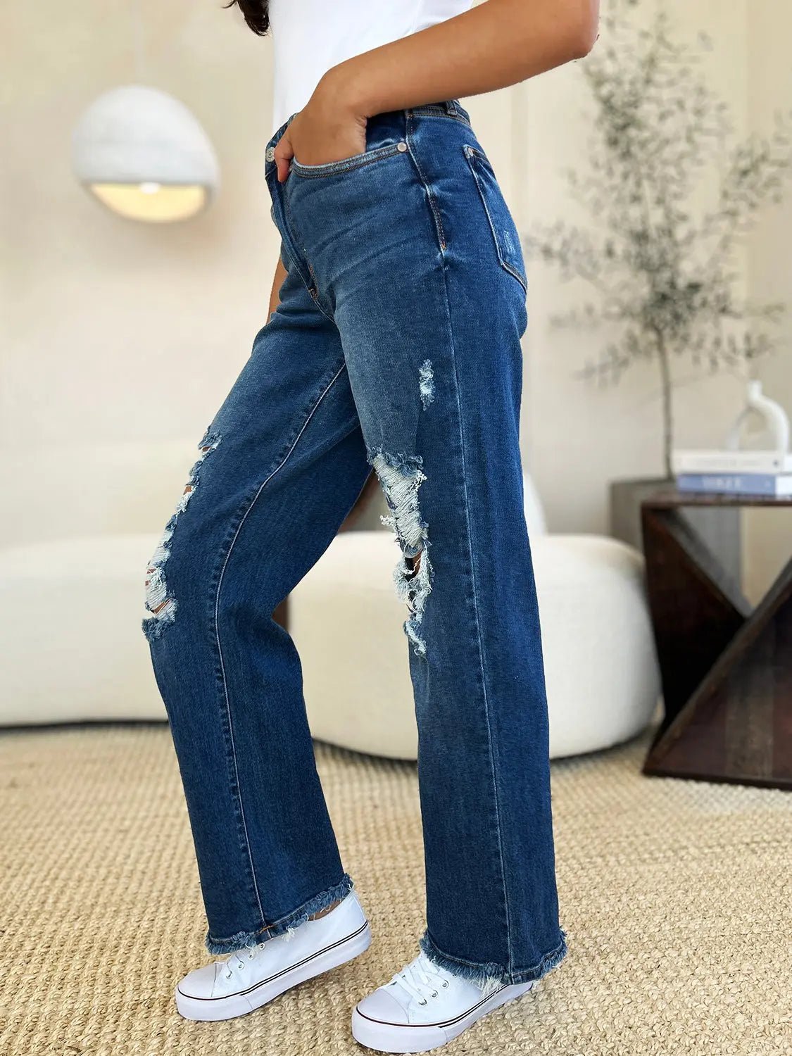 Judy Blue Full Size Mid Rise Distressed Raw Hem Jeans - Celeste    