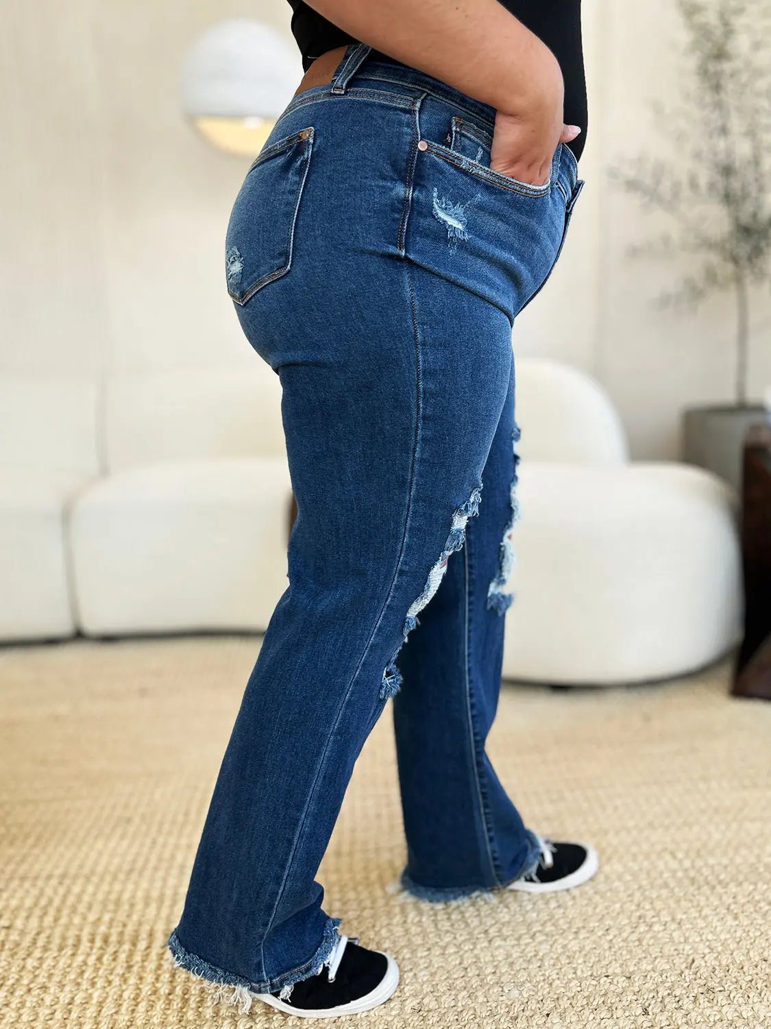 Judy Blue Full Size Mid Rise Distressed Raw Hem Jeans - Celeste    