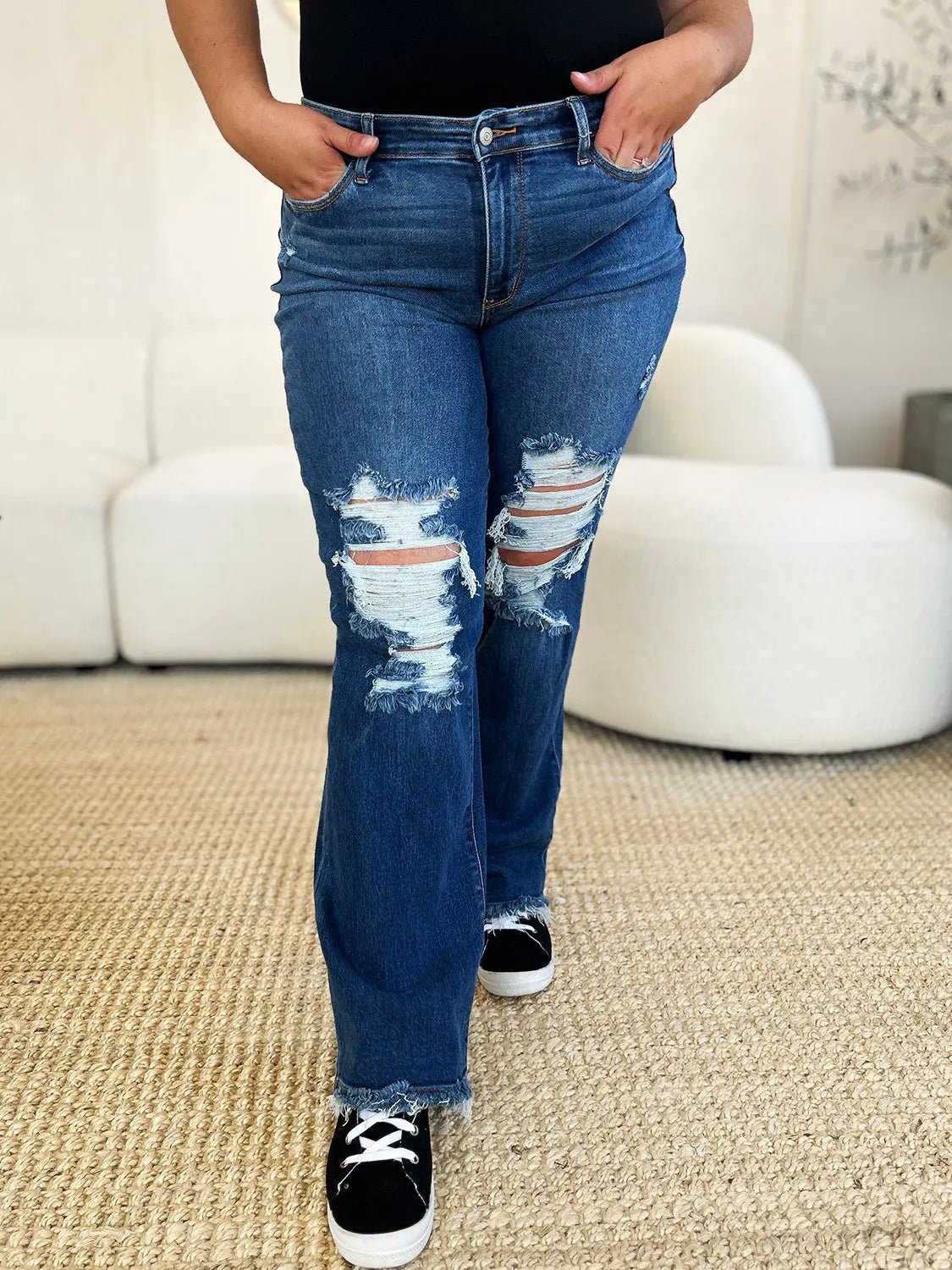Judy Blue Full Size Mid Rise Distressed Raw Hem Jeans - Celeste    
