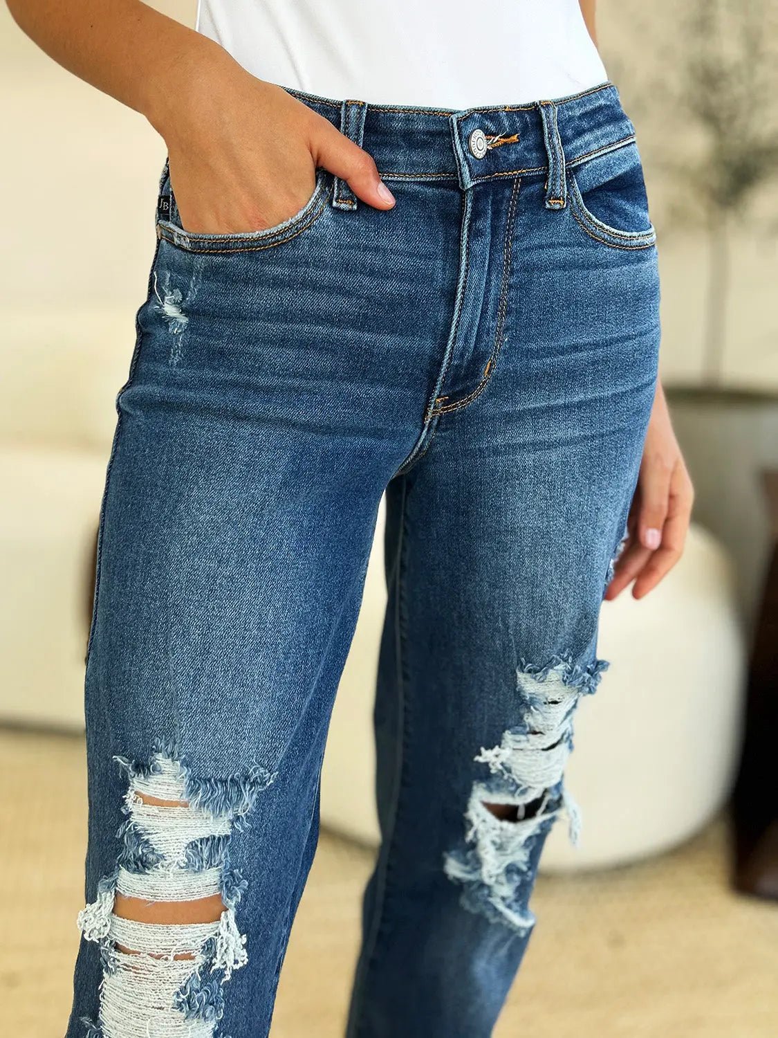 Judy Blue Full Size Mid Rise Distressed Raw Hem Jeans - Celeste    