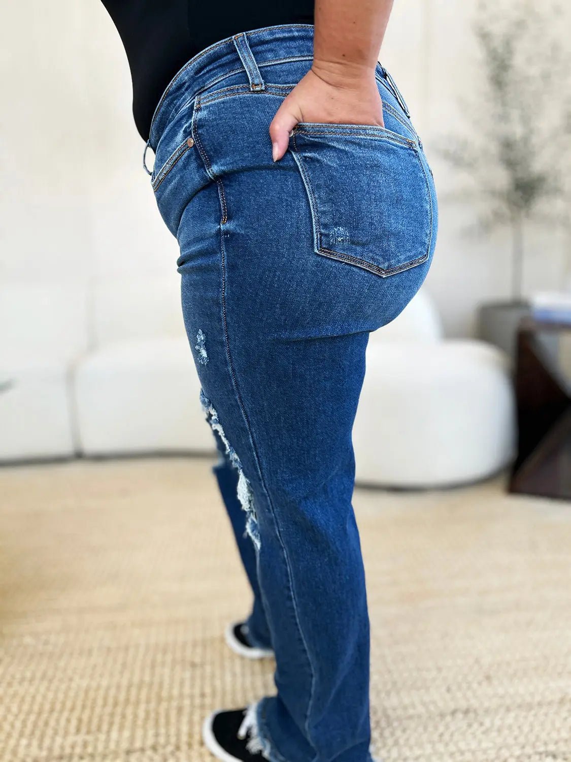 Judy Blue Full Size Mid Rise Distressed Raw Hem Jeans - Celeste    