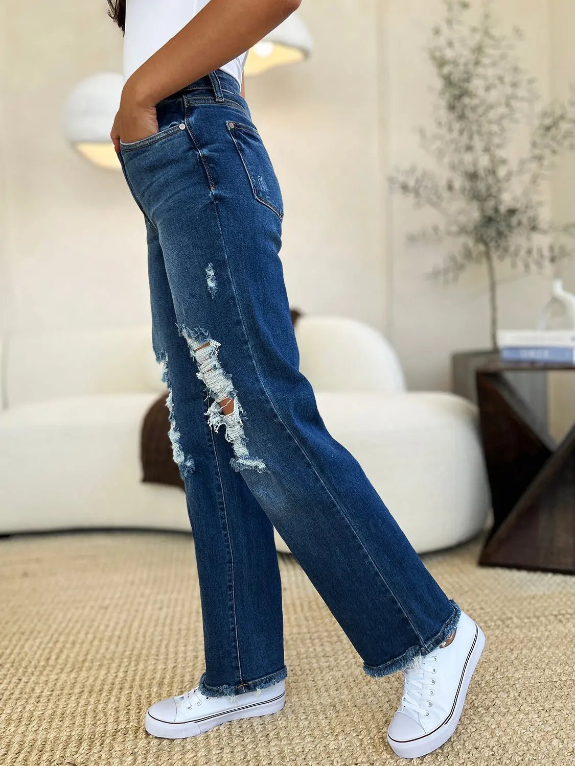 Judy Blue Full Size Mid Rise Distressed Raw Hem Jeans - Celeste    