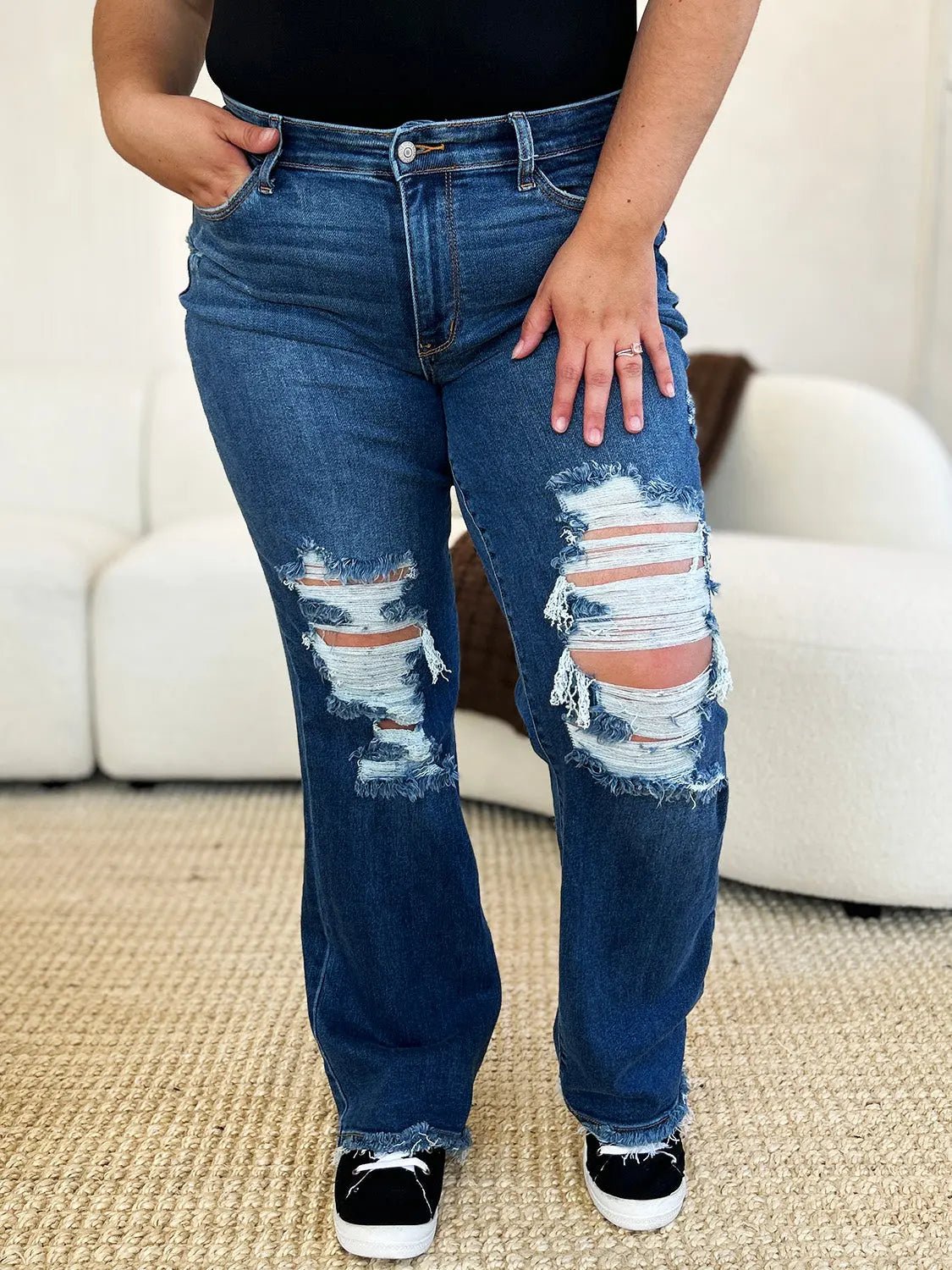Judy Blue Full Size Mid Rise Distressed Raw Hem Jeans - Celeste    
