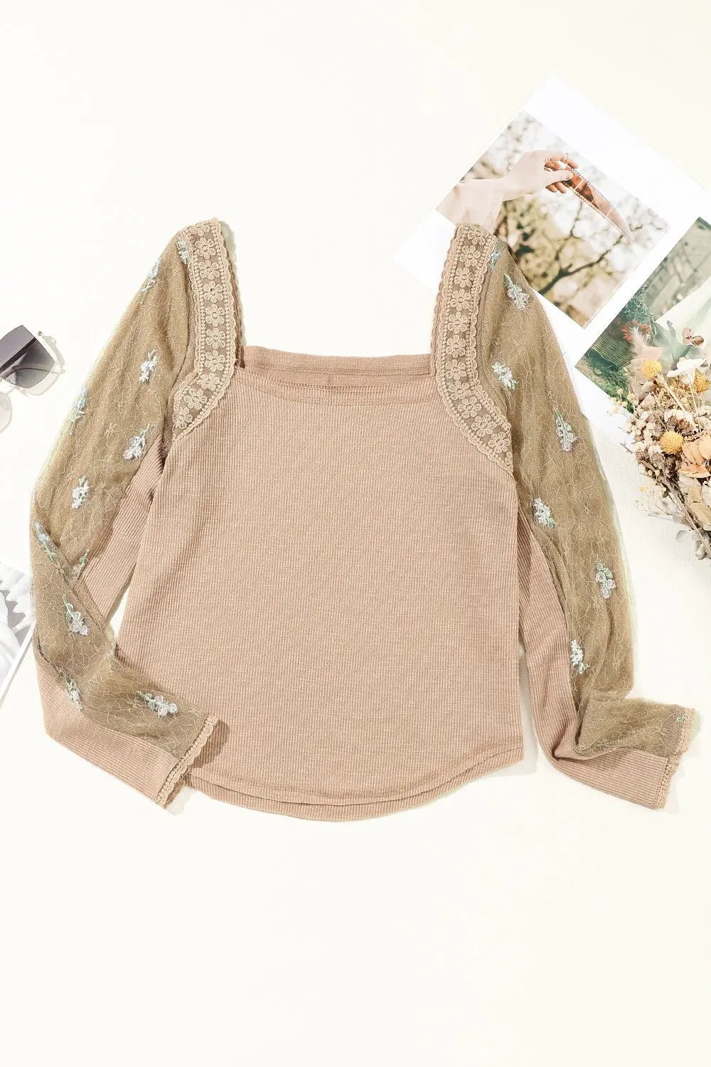 Lace Detail Queen Anne Neck Long Sleeve Blouse - Celeste    