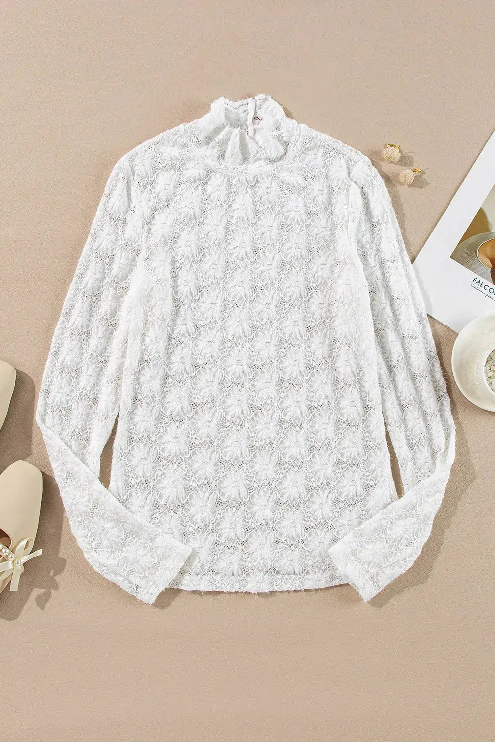 Lace Mock Neck Long Sleeve Top - Celeste    