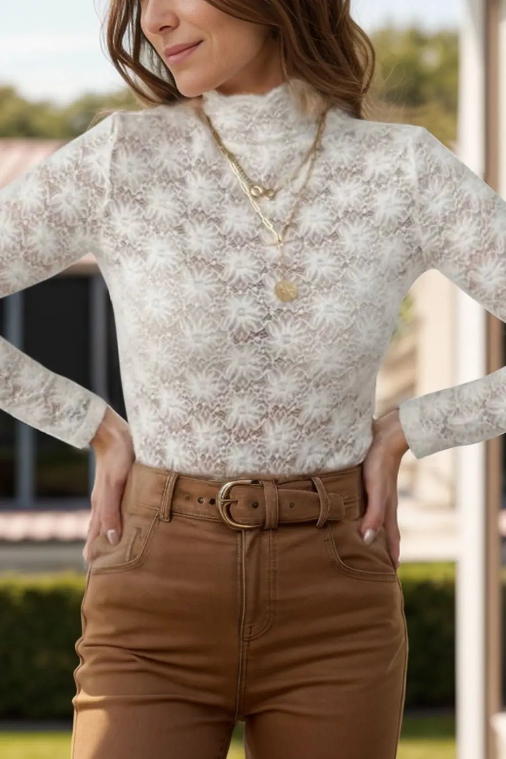 Lace Mock Neck Long Sleeve Top - Celeste    