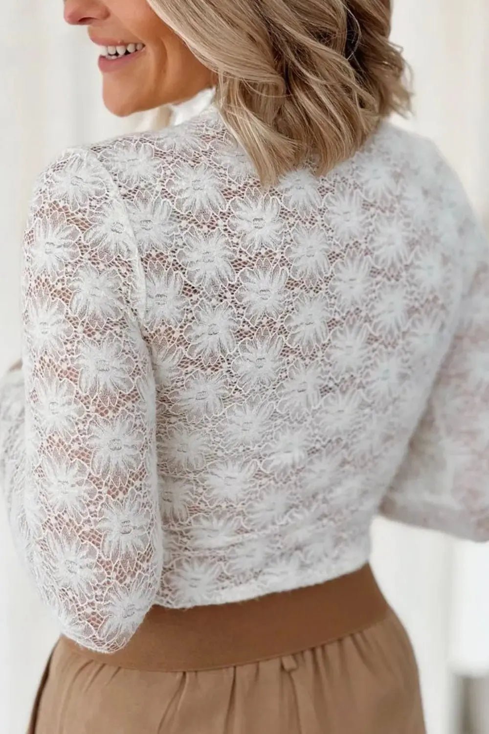 Lace Mock Neck Long Sleeve Top - Celeste    