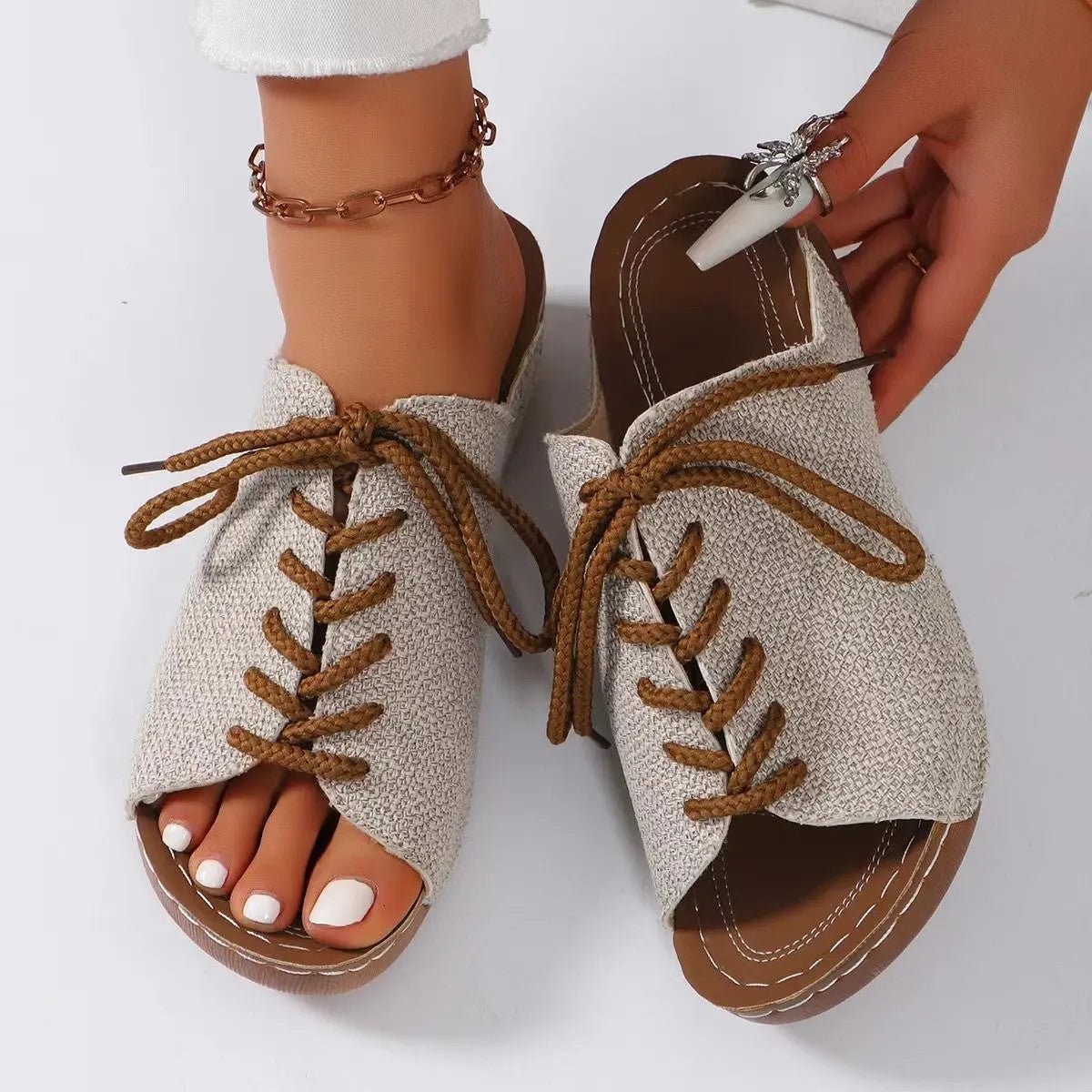 Lace-Up Open Toe Wedge Sandals - Celeste    