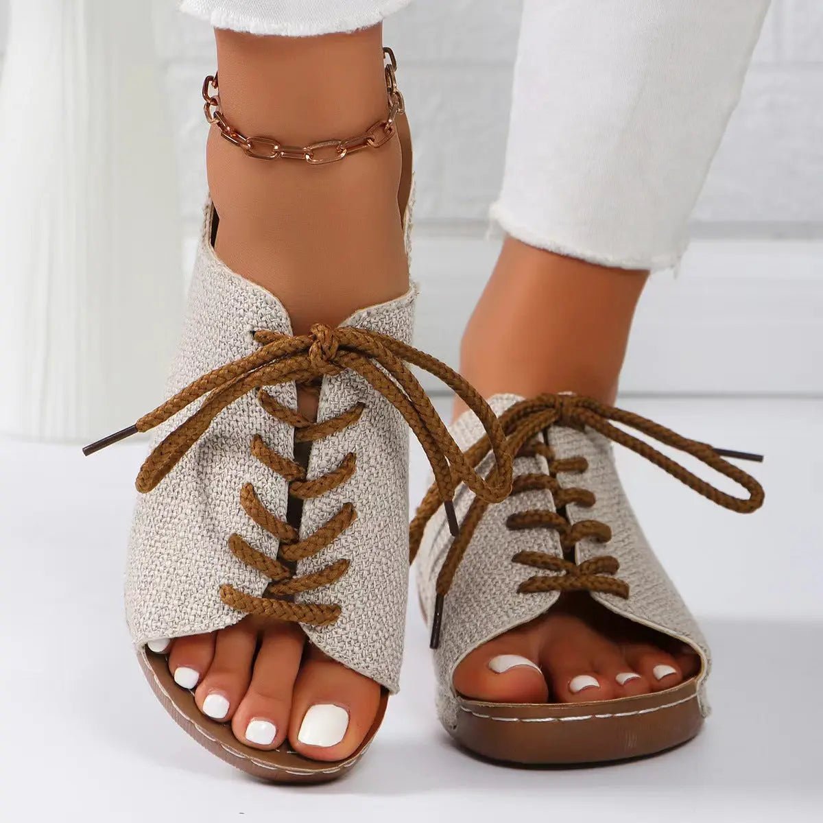 Lace-Up Open Toe Wedge Sandals - Celeste    