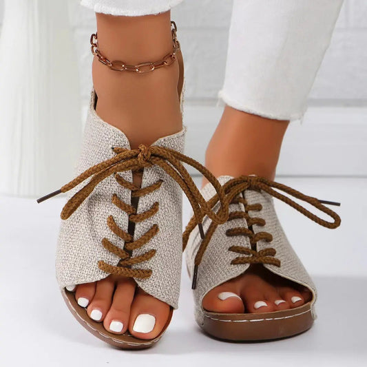 Lace-Up Open Toe Wedge Sandals - Celeste    