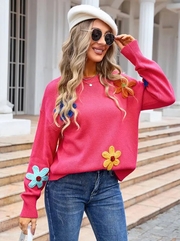 Ladies new floral loose round neck sweaterfloral loose round neck sweater