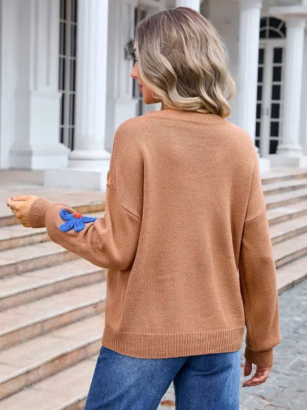 Ladies new floral loose round neck sweaterfloral loose round neck sweater