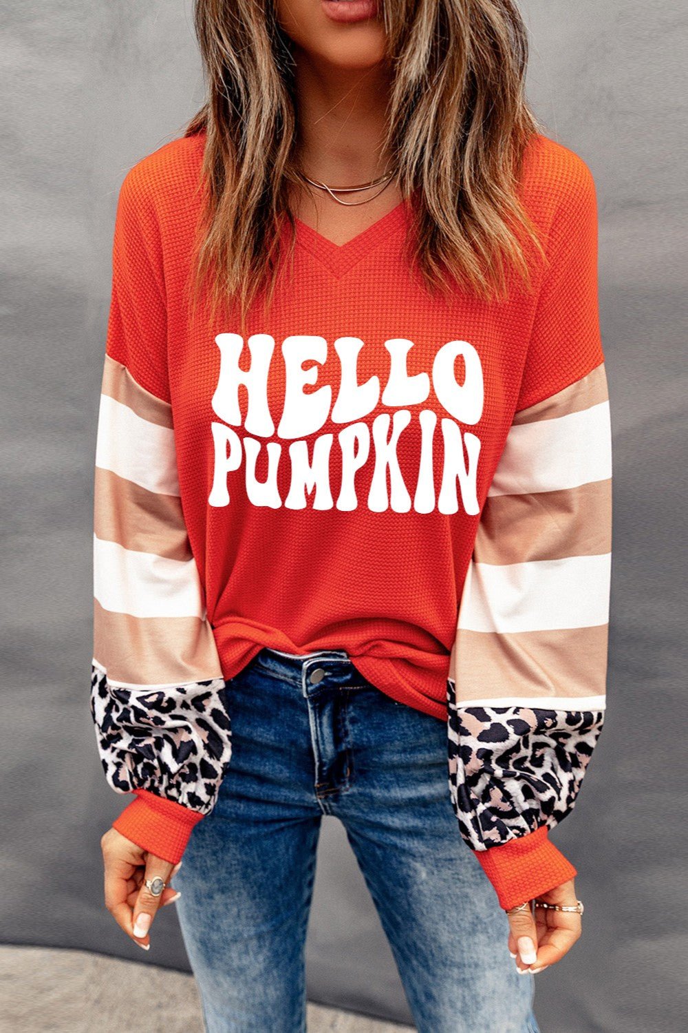 Letter Graphic V-Neck Long Sleeve Top - Celeste    