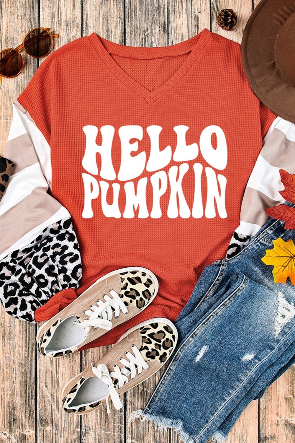 Letter Graphic V-Neck Long Sleeve Top - Celeste    