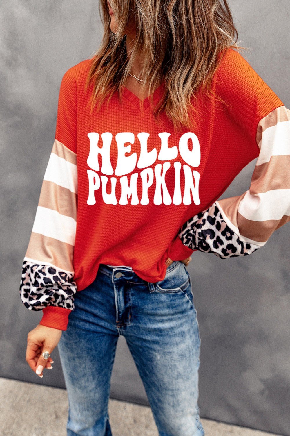 Letter Graphic V-Neck Long Sleeve Top - Celeste    