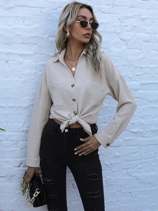 Long Sleeve Solid Button Down Top - Celeste    