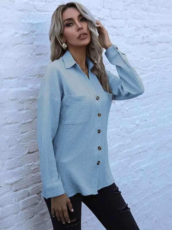 Long Sleeve Solid Button Down Top - Celeste    