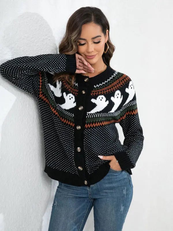 New Halloween ghost retro polka dot long sleeve knitted cardigan sweatHalloween ghost retro polka dot long sleeve knitted cardigan sweater